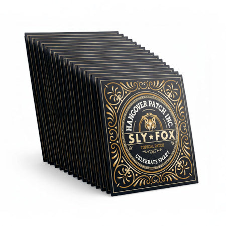 Stack of 'Sly Fox' topical patch packaging with decorative design on a white background. 20 pack.