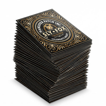 Stack of black and gold packages with 'SLY FOX Patch Inc' branding on a white background. 25 pack