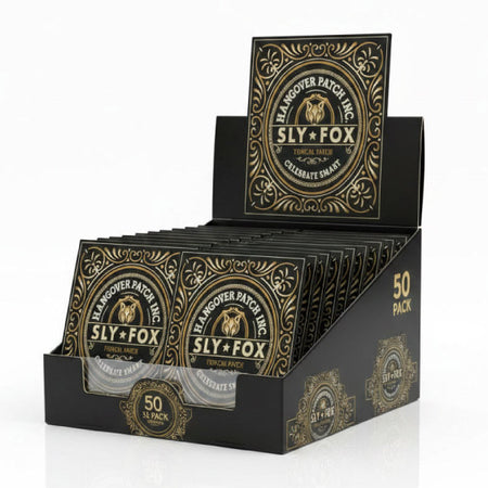 Display box of Sly Fox Patch Inc. Sly Fox tropical herbs on a white background. 50 pack.
