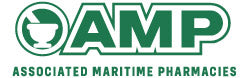 Logo of Associated Maritime Pharmacies (AMP) with green text and a circular design.