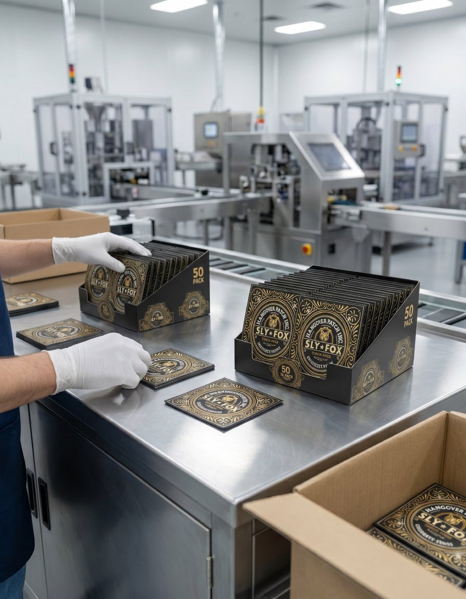Person in a factory setting packaging boxes with gold and black design.